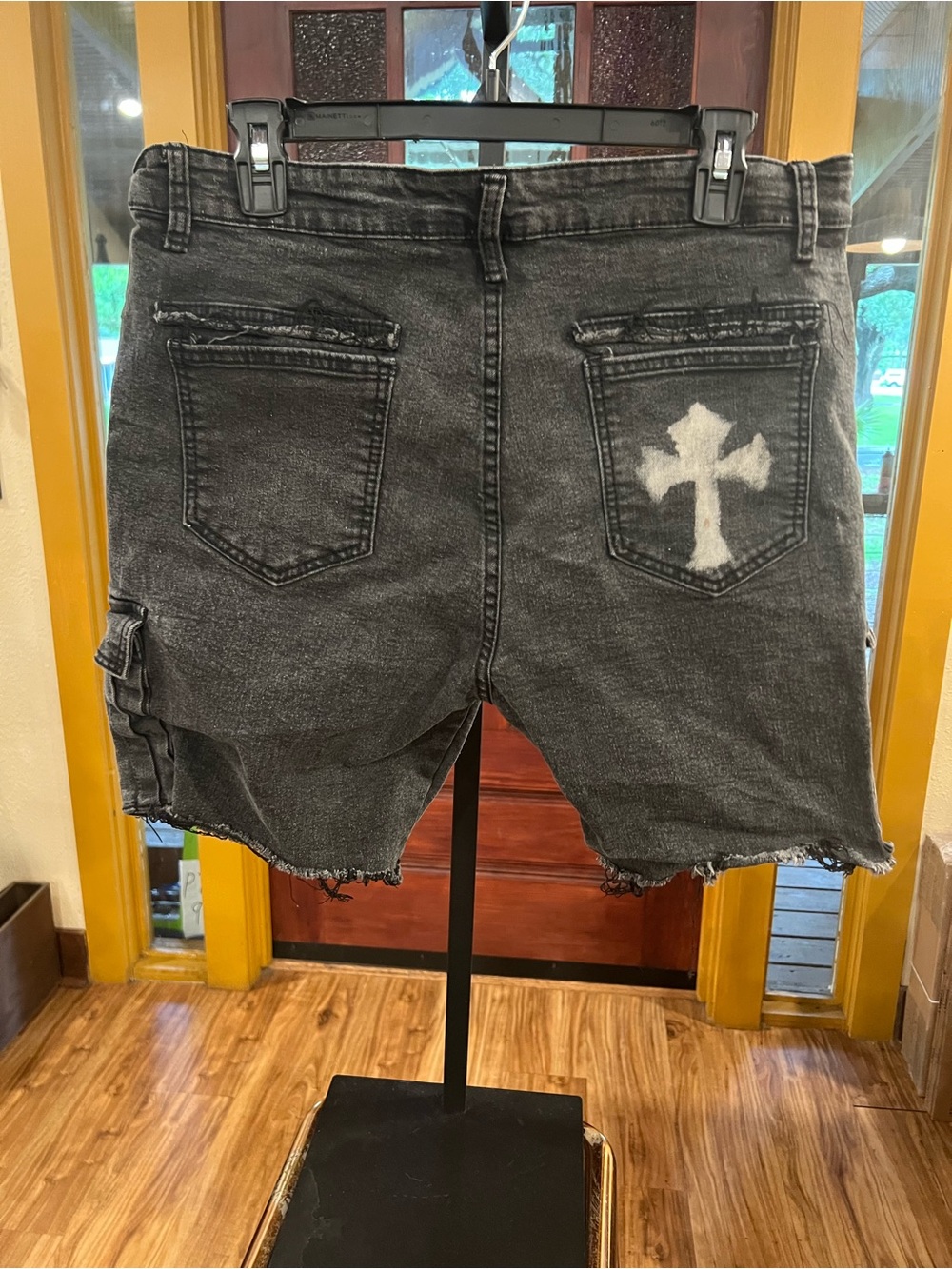 Men's Black Washed Cargo Denim Shorts with Cross on back pocket